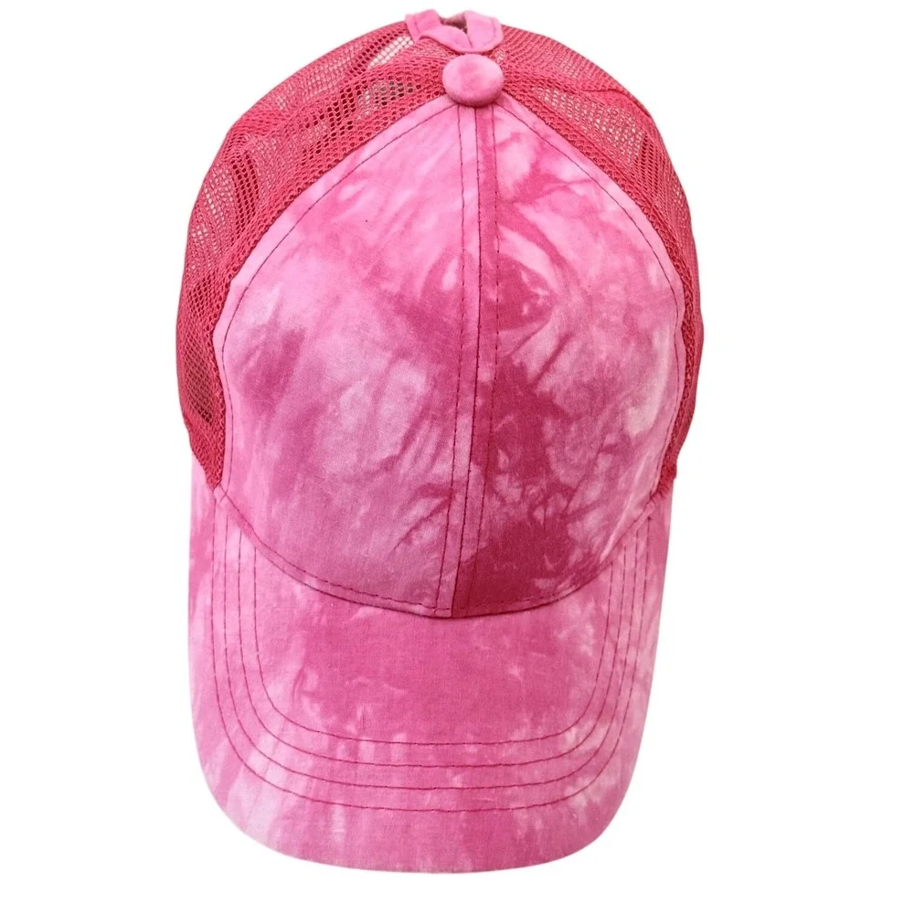 C.C Exclusives Hot Pink Tie Dye Ponytail Mesh Trucker Hat Ball Cap Adjustable